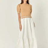 Mixed Media Puff Sleeve Midi Dress