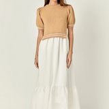 Mixed Media Puff Sleeve Midi Dress