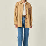 Camel Button Down Shirt with Leather Pocket