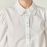 White Poplin Button Down Top with Lace Detail