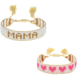Mini & Me: Small White & Gold MAMA + Pink Kids Hearts Beaded Bracelet Set