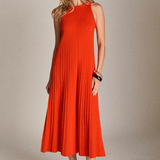 Pleated A-line Knit Midi Dress in Poppy