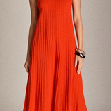 Pleated A-line Knit Midi Dress in Poppy