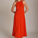 Pleated A-line Knit Midi Dress in Poppy