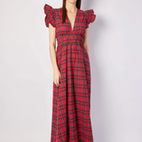 VNeck Flutter Sleeve Maxi in Red Tartan Plaid