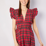 VNeck Flutter Sleeve Maxi in Red Tartan Plaid