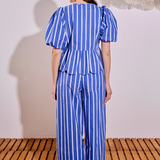 Stripe Tie Front Puff Sleeve Top