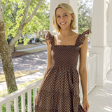Block Print Smocked Flutter Strap Midi