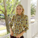 Smocked Puff Sleeve Top in Moss Geo